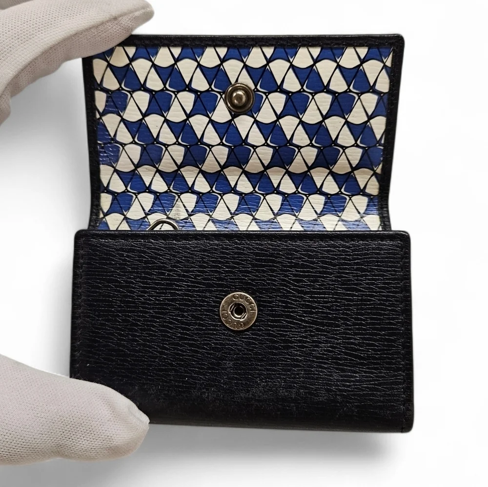Gucci Leather Keyholder And Compact Wallet In Navy Blue And Silver Monogram